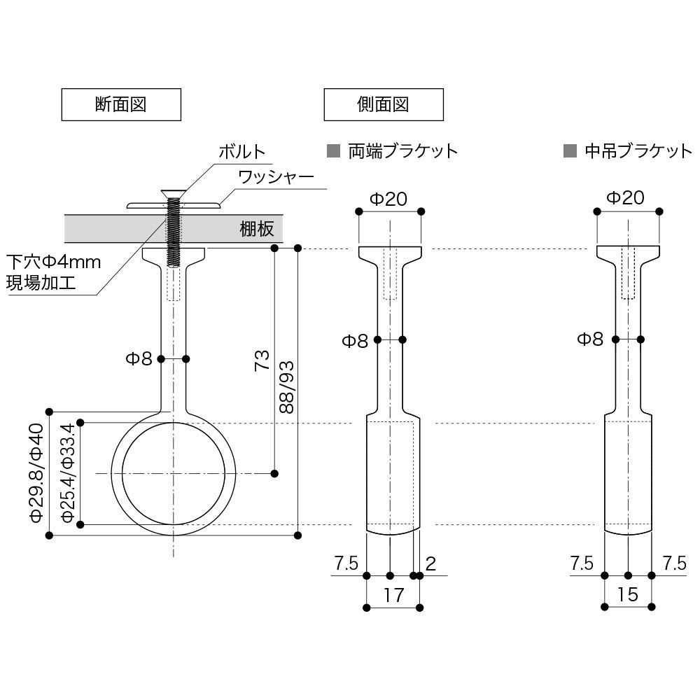 南海プライウッド 収納金具 ハンガーパイプセットC シルバー φ32 L 1400㎜ HPC-B 32-1400