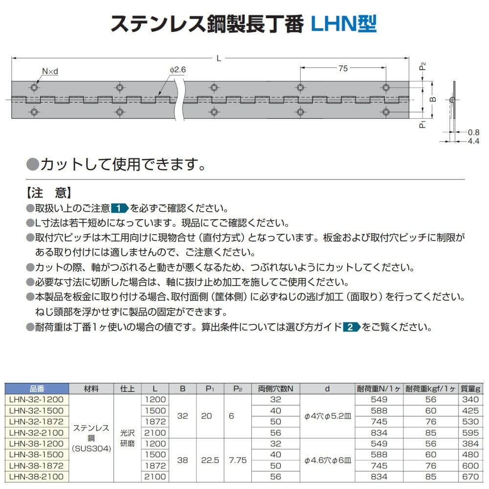 ステンレス鋼製 長丁番 LHN型 LHN 32 1500