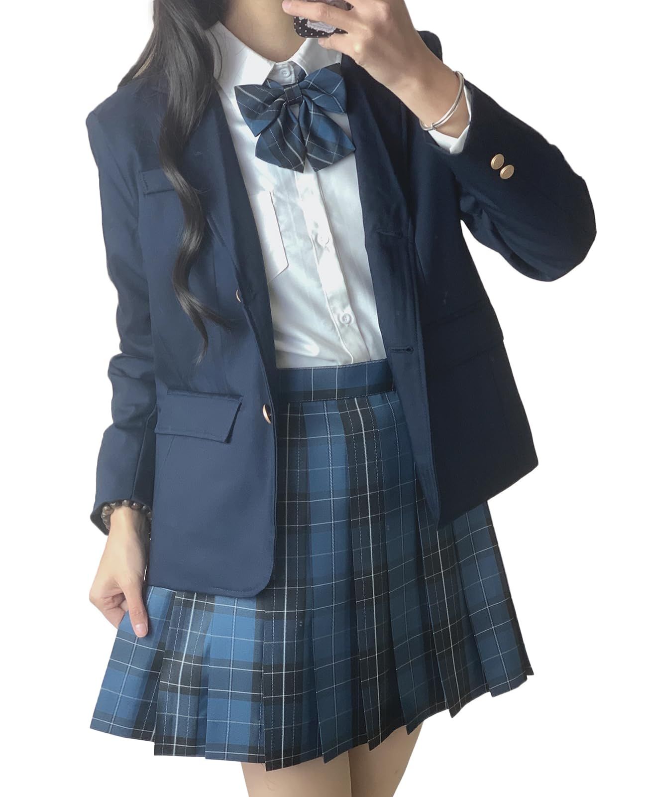QOOLY? 女子高生 制服セット ブレザー スカート リボン チェック 5点セット スクール JK 学生 紺色 XL