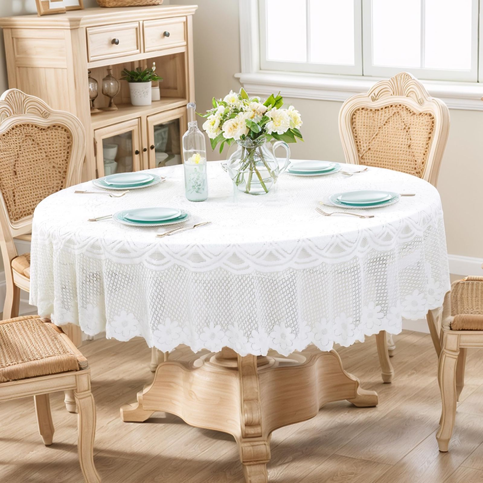 レーステーブルクロス テーブルクロス 円形 毛糸梅花デザイン ポリエステル製 クリーム色 洗える おしゃれ ラウンドテーブルクロス ダイニング リビング インテリア 無地 直径200 cm ベージュ