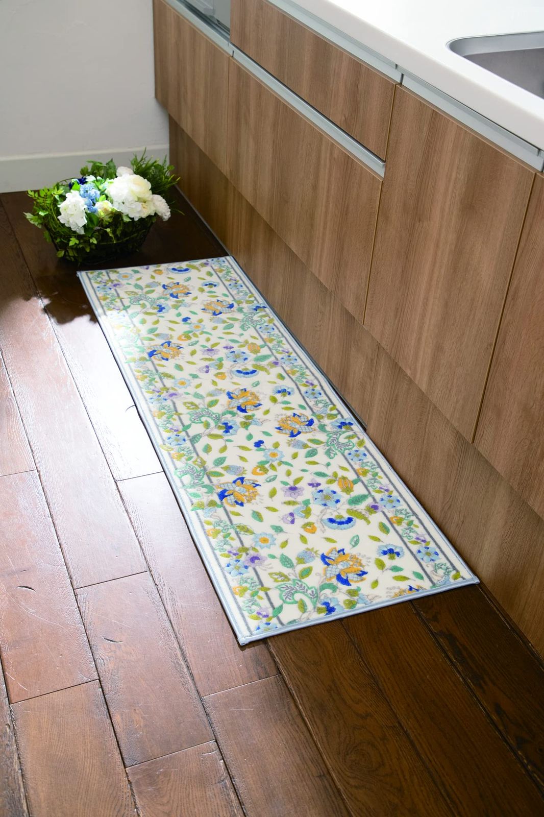 川島織物セルコン MINTON ミントン キッチンマット ハドンホールボタニカル ブルー 50 200 cm FT 1229