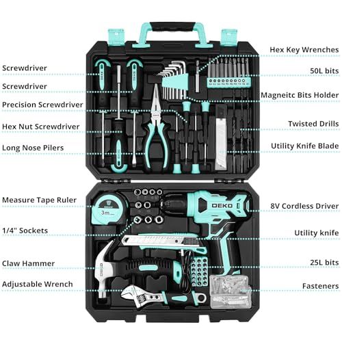 8 V電動ドリル付き 126点組 工具セット ツールセット 工具 日曜大工 DIYセット ドリル 電動工具セット 家庭用 ホームツールセット 家具の組み立て 住まいのメンテナンス用 大工道具セット 便利な収納ケース付き ターコイズ 7976 aaa 9
