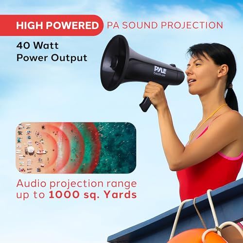 Pyle パイル 40 W メガホン サイレン付き 拡声器 コンパクト 電池式 単1乾電池６本で作動 折りたたみ式ハンドル ハンドヘルドマイクと携帯用ストラップ付き 握りやすいグリップ 最大914 m先まで声が届く 重さ1.5 kg サイズ 直 33 cee 58 d