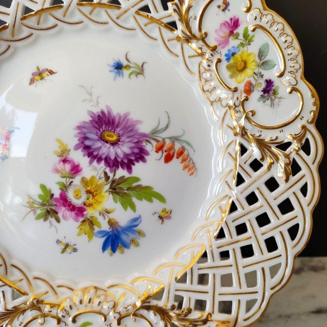 MEISSEN マイセン 1級品 フラワーブーケ 昆虫 金彩 透かし オープンワーク プレート 20 5 cm ピアスエッジ