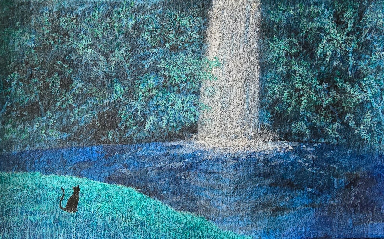 秘密の滝」 絵画 原画 一点もの 名刺サイズ アクリル画 スタンド