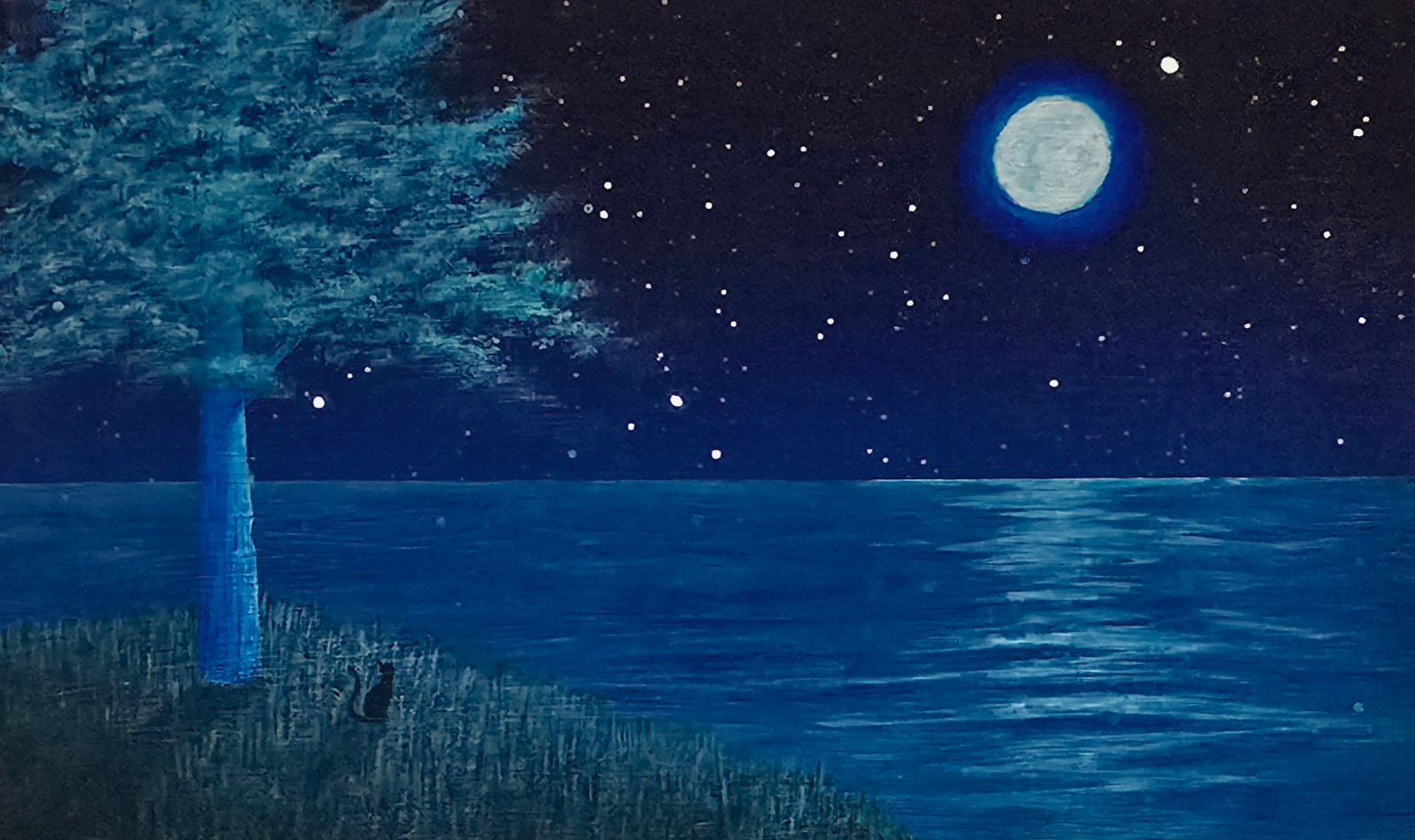 満月の夜」 絵画 原画 一点もの 名刺サイズ アクリル画 スタンド