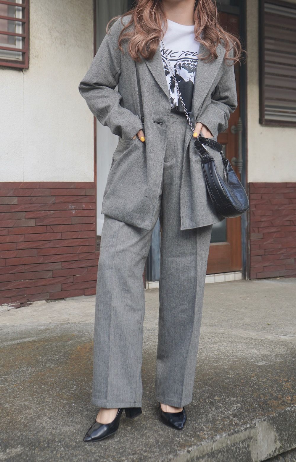 Herringbone Tweed Jacket＋Pants 2P SET UP (grey)
