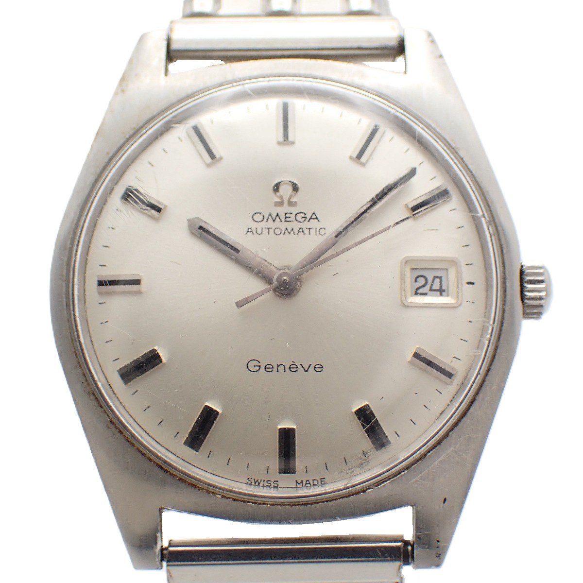 オメガ ジュネーブ ラウンド型 自動巻き メンズ 腕時計 3針デイト シルバー文字盤 社外ベルト Cal 565 いおき質店