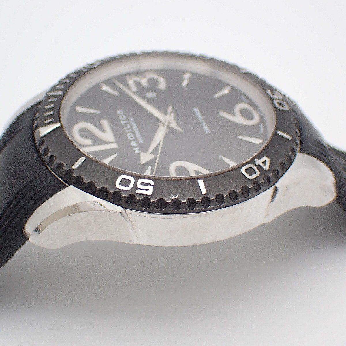  ハミルトン ジャズマスター シービュー 300M防水 自動巻き メンズ 腕時計 黒文字盤 純正ラバーベルト H377150 いおき質店 チェスターコート 自動巻き時計 腕時計(アナログ)