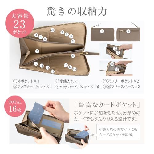 RafiCaro 小さい長財布 レディース 短い 大容量 23ポケット お札を折らない コンパクト 約18 cm 薄い スリム L字ファスナー メンズ YKKファスナー マチ付き小銭入れ グレージュpo 43520 cd 9