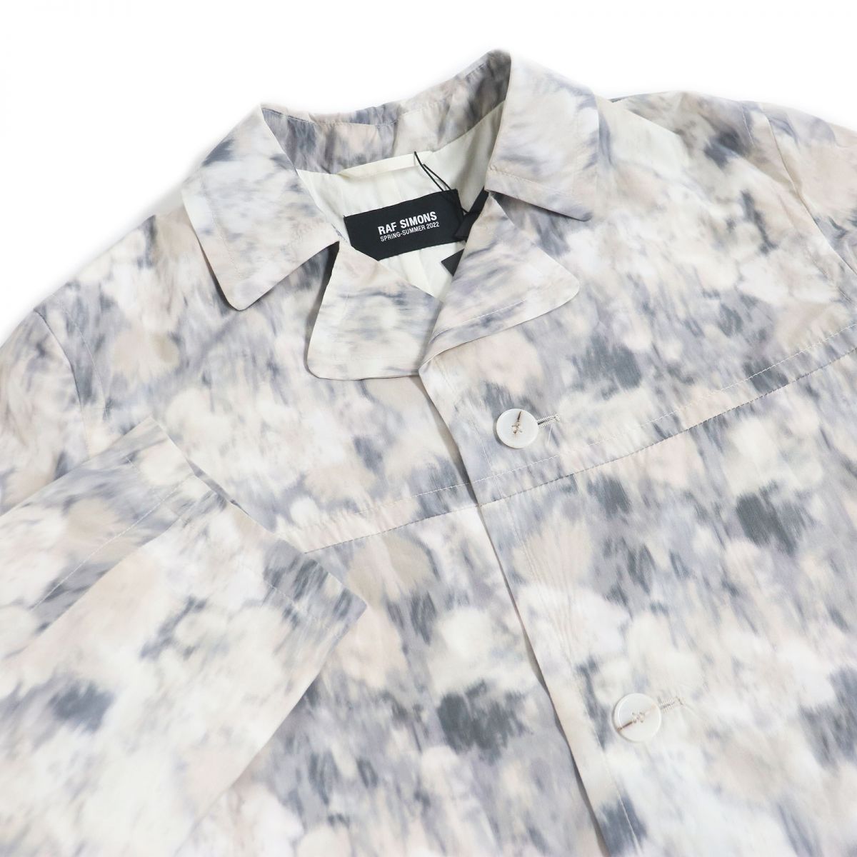 【ドンドン見直し】未使用品22SS RAF SIMONS/ラフシモンズ 総柄 ロゴボタン Relaxed fit raincoat チェスターコート/ナイロンコート グレー/ブルー系 S 伊製