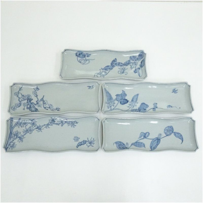 染付花鳥図 長皿5客 食器 器 おしゃれ 焼き魚 魚 盛り付け 料理 オードブル 骨董 プレート 和食 洋食 来客 カフェ