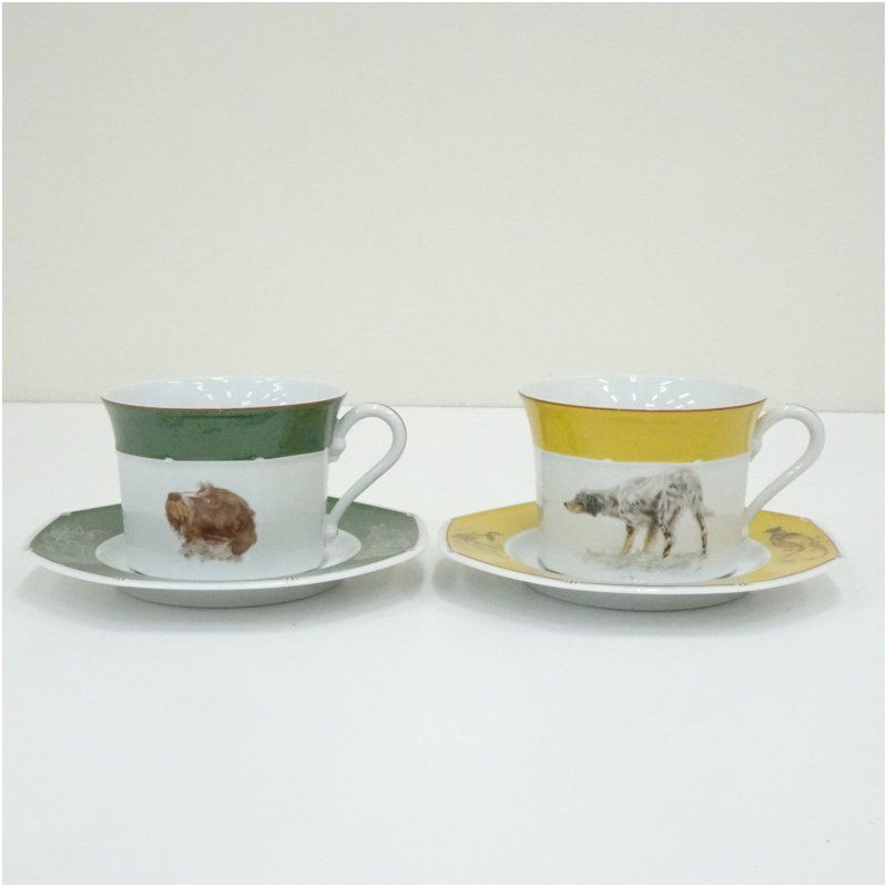 HERMES エルメス イングリッシュセッター犬 グリフォン犬 カップソーサー2客 食器 おしゃれ かわいい お茶 茶器 アンティーク インテリア 普段使い 来客 テーブルウェア