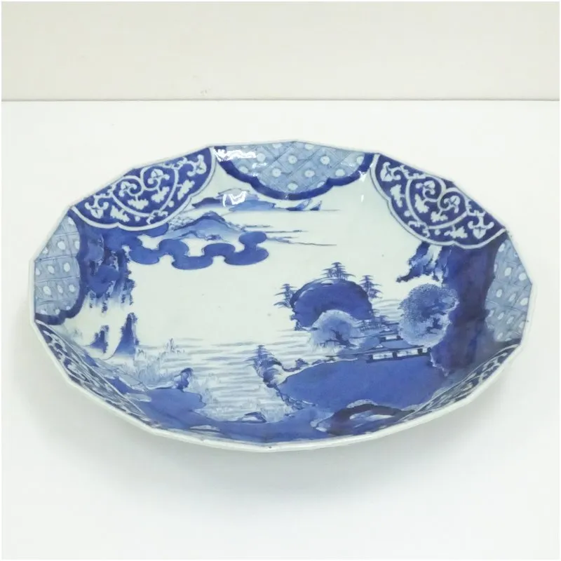 古伊万里染付山水図皿 江戸時代中期 太明成化年製 陶器 骨董品 藍色 時代物 江戸時代 染付山水図 有田焼中皿16cm2枚 角福銘 古伊万里 吉祥 招福