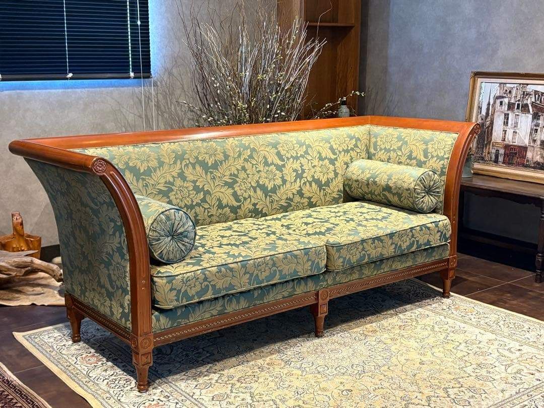 ① クラシック 3人掛けソファ 3Pソファ 花柄 グリーン ビンテージ nY