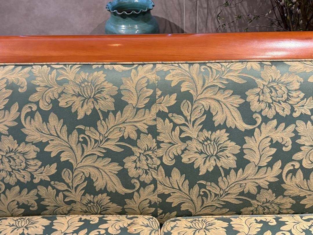 ① クラシック 3人掛けソファ 3Pソファ 花柄 グリーン ビンテージ nY