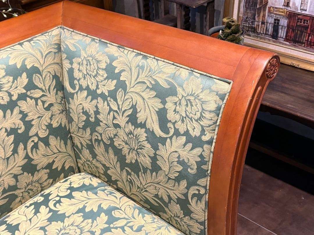 ① クラシック 3人掛けソファ 3Pソファ 花柄 グリーン ビンテージ nY