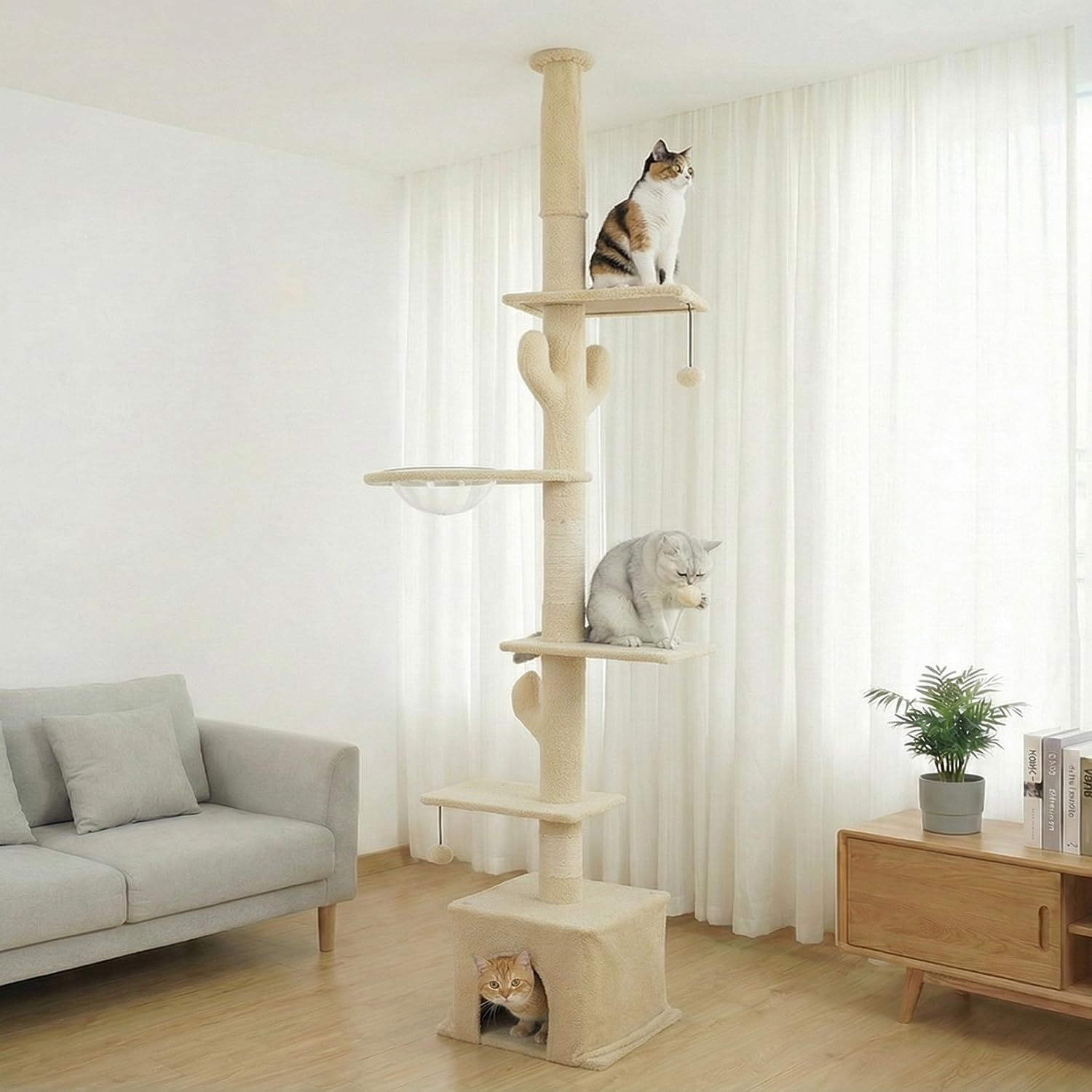 省スペース 据え置きタイプ スリム 大型猫対応 多頭飼い 太支柱 突っ張り 麻紐爪とぎ 宇宙船ハンモック付き ねこハウス 猫タワー ボンボン 組み立て簡単 キャットタワー 運動不足解消 高さ調整 235-260 cm Footstep 日本