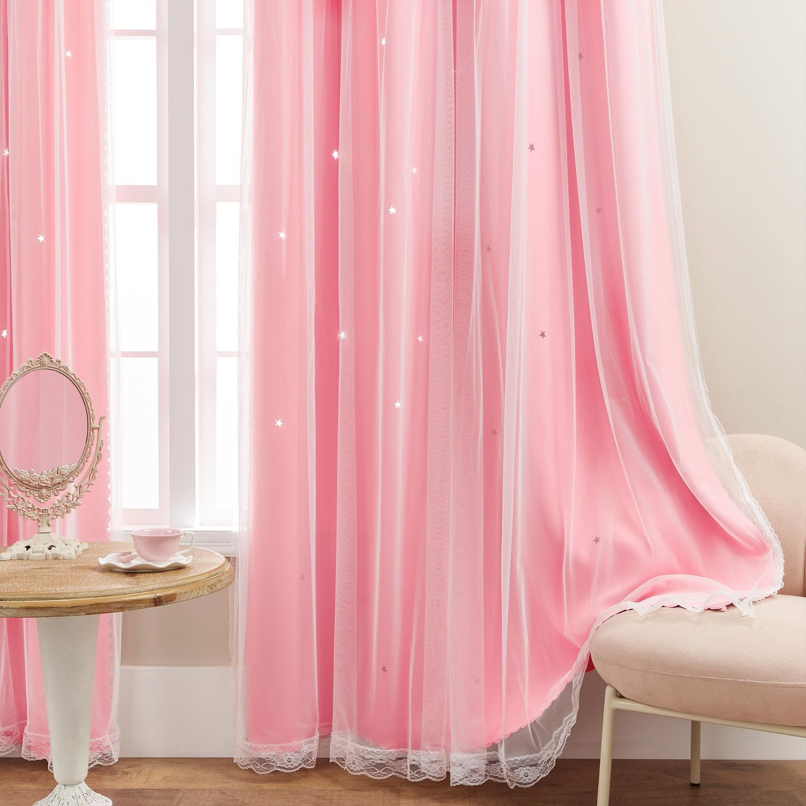 【数量限定】XiDi カーテン 姫系 遮光 ダブルレイヤー レース付き ファッショナブル 星柄 断熱 防寒 ワンピース 保温 小窓 出窓 引き違い窓 腰窓 用子供部屋 幼稚園 寝室向け （ピンク 2枚組 幅100cm×丈183cm）