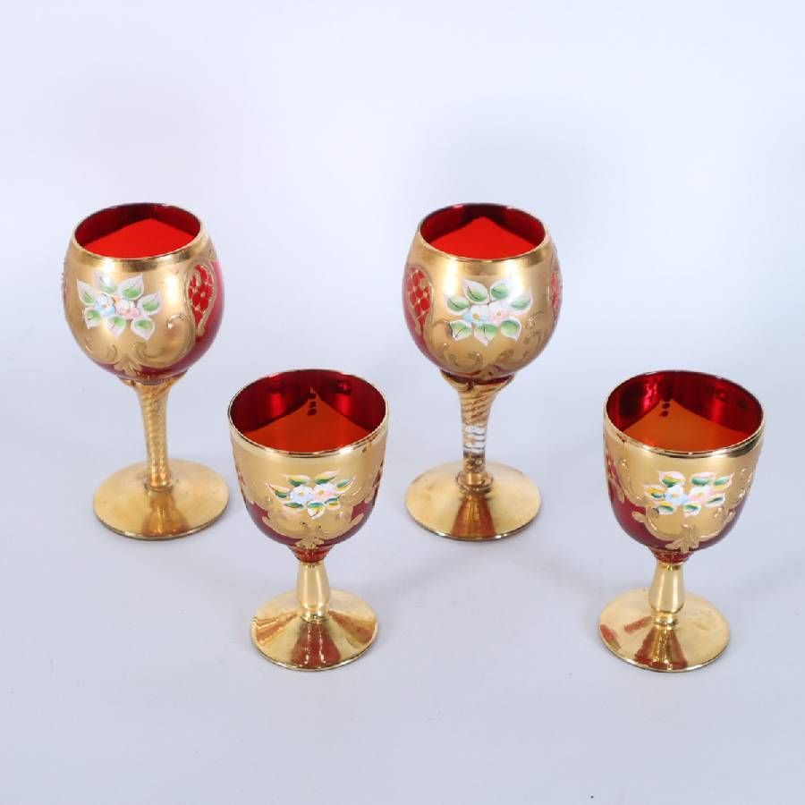 4客セット ベネチアングラス ワイングラス 2種 赤 レッド 金彩 花柄 ヴェネチアンガラス イタリア MURANO ムラーノ 357 h 20