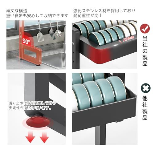 SVOHZAV 水切りラック 食器 シンク上 横置き 食器乾燥 錆びない 洗い物ラック 2段式 大容量 ディッシュラック キッチン 水切りカゴ 水が流れる 皿立て 多機能収納 包丁スタンド まな板立て 組み立て簡単 ブラック シンク上1段伸縮式 6
