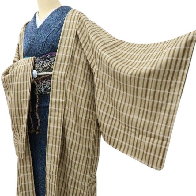 六花-RIKKA- 美品 正絹 羽織紐付 ロング丈❀縦縞×格子×市松❀長羽織
