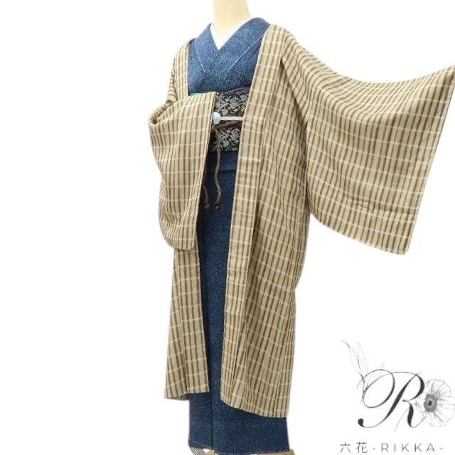 六花-RIKKA- 美品 正絹 羽織紐付 ロング丈❀縦縞×格子×市松❀長羽織