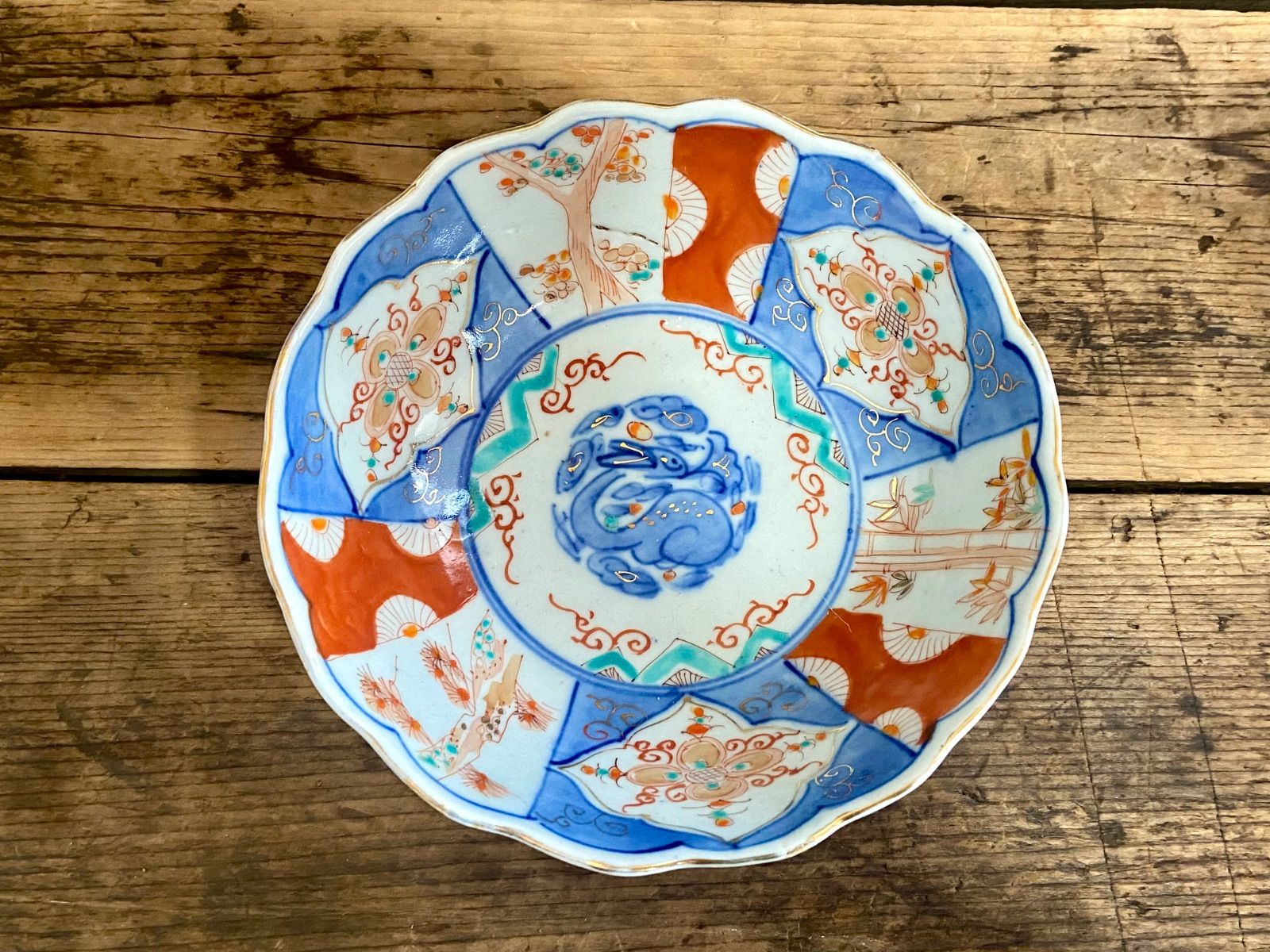 能登蔵出し 時代物 色絵 金彩 クルス窓絵文 輪花 大なます皿/深皿 膾皿