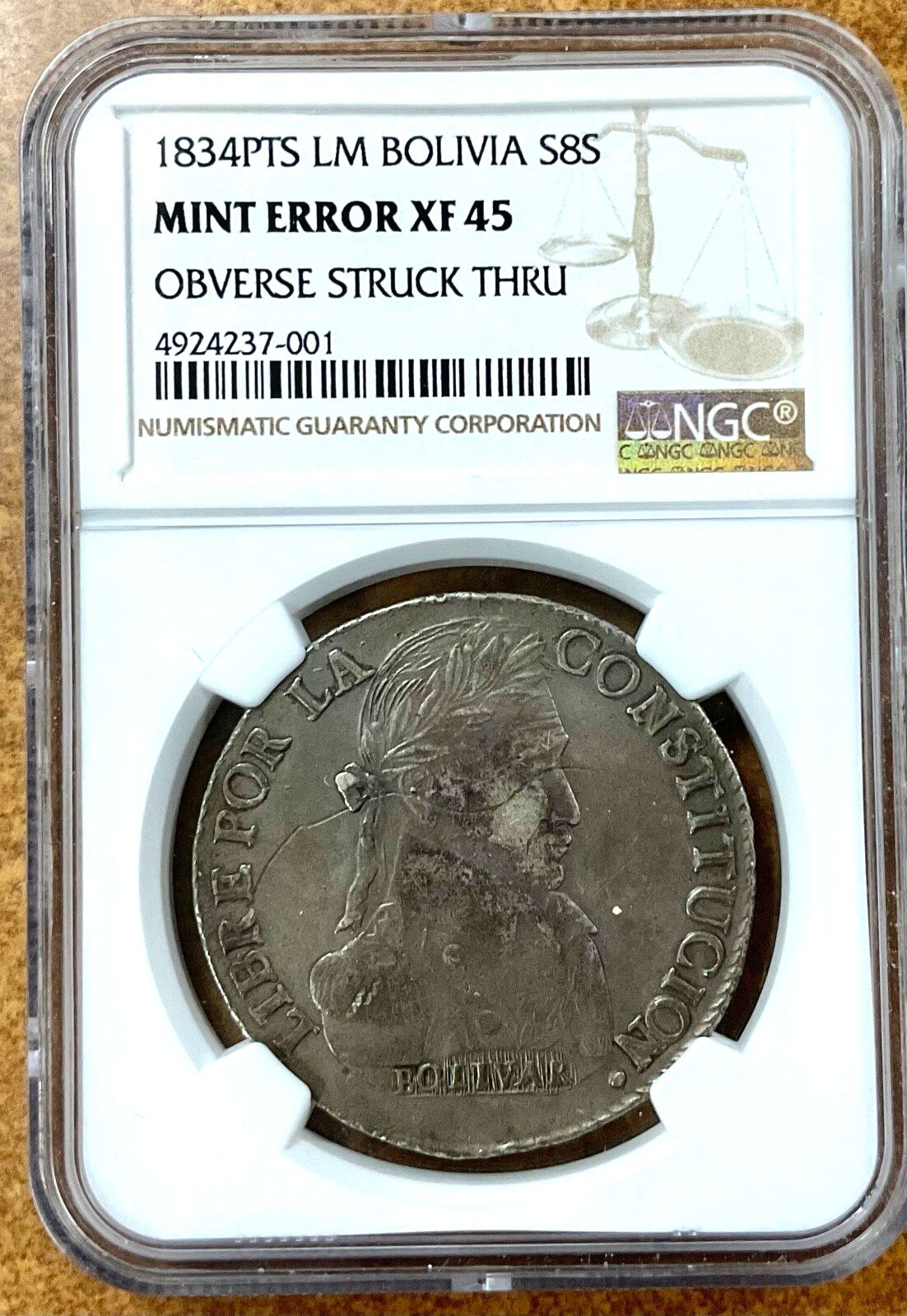 1834 ポイント LM Boli 8S NGC XF 45 ミントエラー ワイヤーに刻印あり