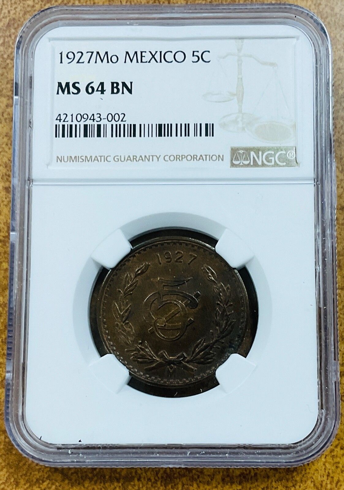 1927年 Mo 5C メキシコ 5センタボ ブロンズ NGC MS 64 BN 未使用 BU