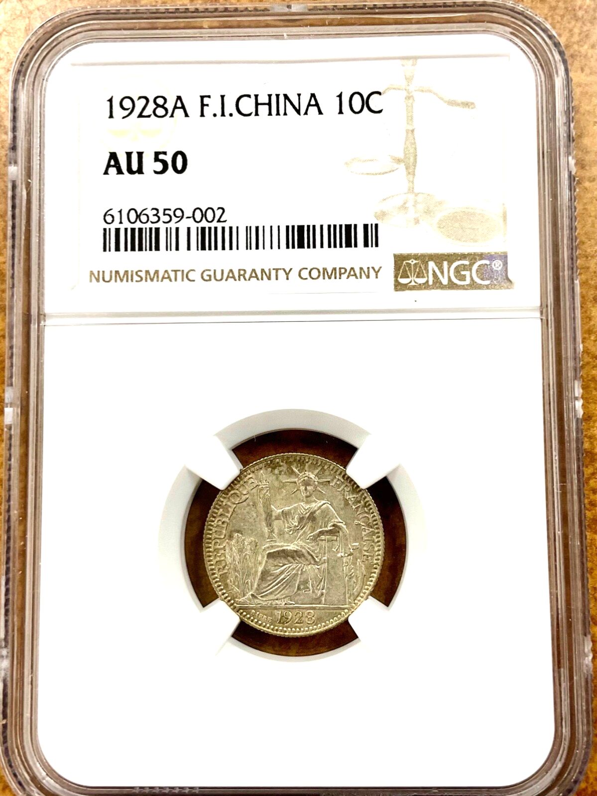 1928年 フランス領インドシナ 10セント銀貨 キーデート KM6.1 NGC AU50