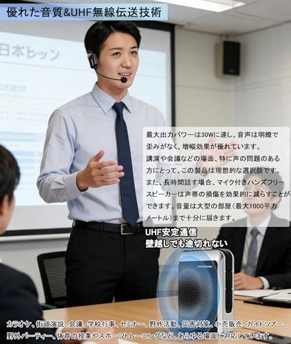 拡声器 ワイヤレス メガホン スピーカーセット 30 w ワイヤレスマイク大音量 無線拡声器 UHFマイク型 ポータブル拡声器 充電式 bluetooth 5 0 USB microSD対応 拡声器ハンズフリー 付スピーカー 音 e 87 fe 54 f