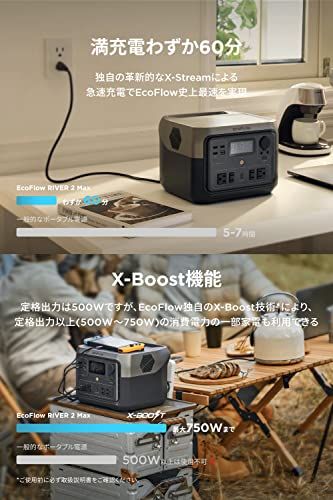 EcoFlow RIVER 2 Max ポータブル電源 512 Wh 60分フル充電 11出力ポート 高出力AC 定格500 W 瞬間最大1000 リン酸鉄リチウムイオン 長寿命 10年使用 アプリ遠隔操作 ぽーたぶる電源 コンパクト c 20 88 f 3