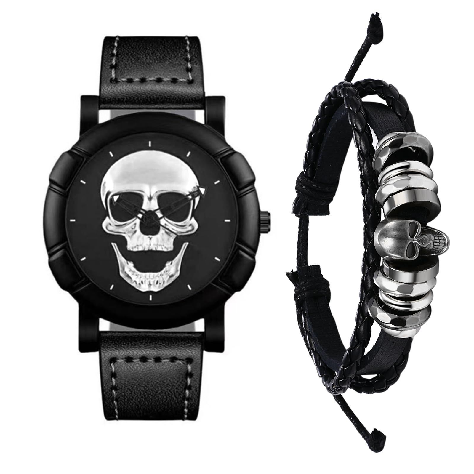 [Limited Quantity] Present, Boyfriend, Christmas, Halloween Party, Leather, Silver Bangle, Leather, Handwound, Waterproof Watch, Disc Watch, Punk, Male, Steam Era, Watch Accessory, Skull, Set of 2: Seiko Men's Watch Bangle, Scroll