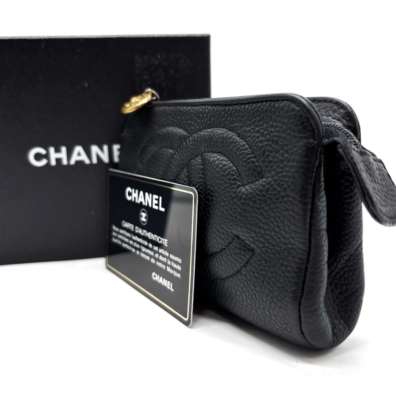 専用　CHANEL キャビアスキン　レザー　ブラック　ポーチ 良品】CHANEL シャネル ポーチ ココマーク キャビアスキン ブラック