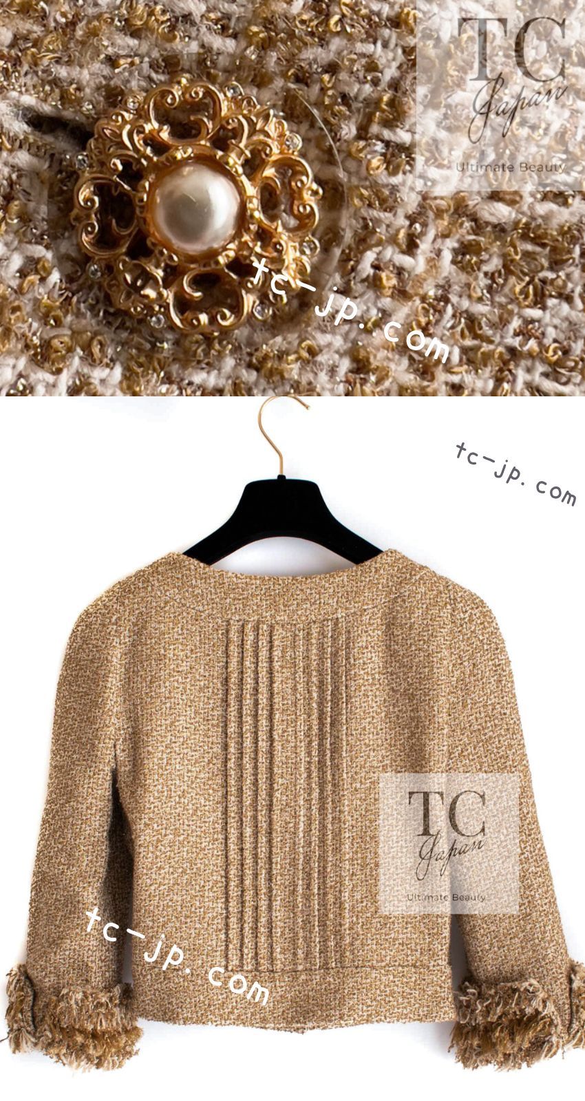 シャネル ジャケット 極上スーツ CHANEL ゴールド シルク ノーカラー
