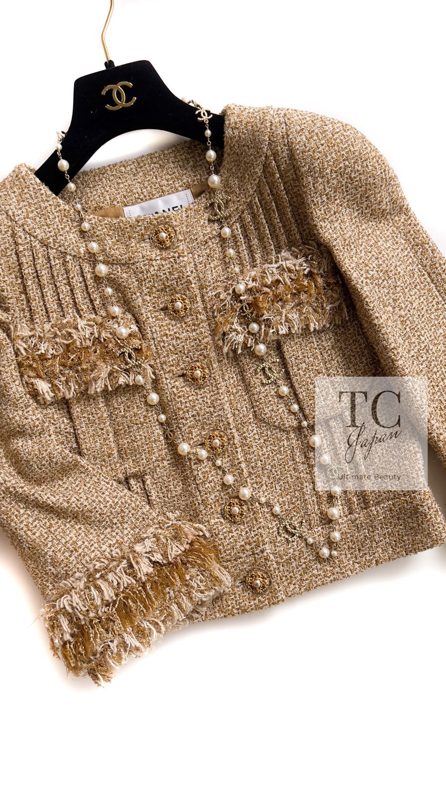 シャネル ジャケット 極上スーツ CHANEL ゴールド シルク ノーカラー
