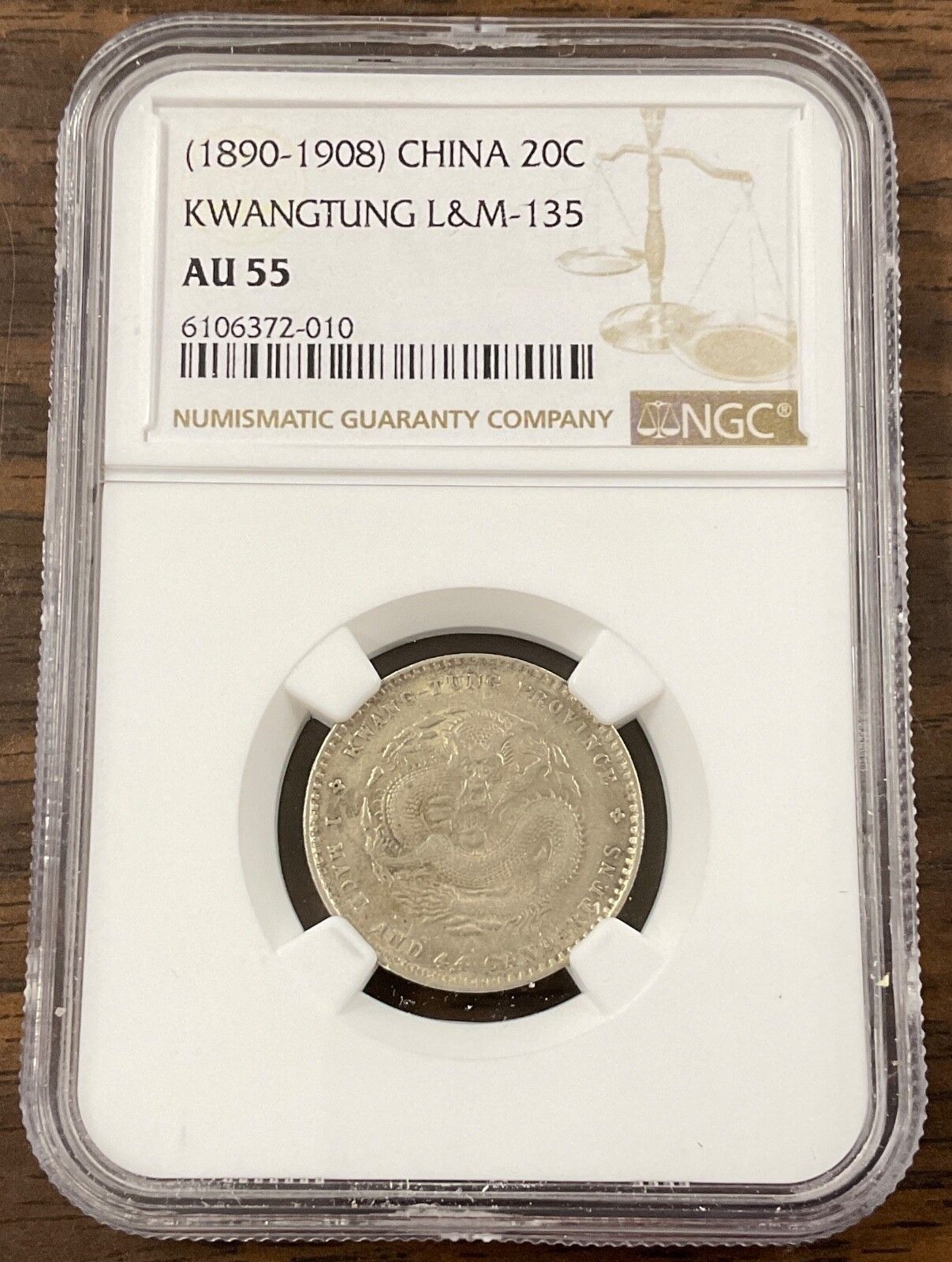 1890-1908) 中国 - 光東 LM 135 - 20 セント シルバー ドラゴン - NGC
