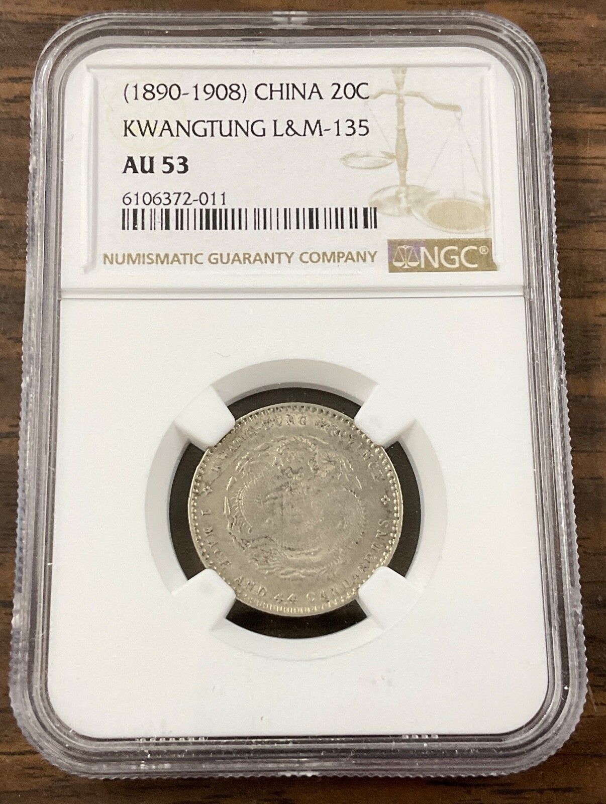 1890-1908) 中国 - 光東 LM 135 - 20 セント シルバー ドラゴン - NGC
