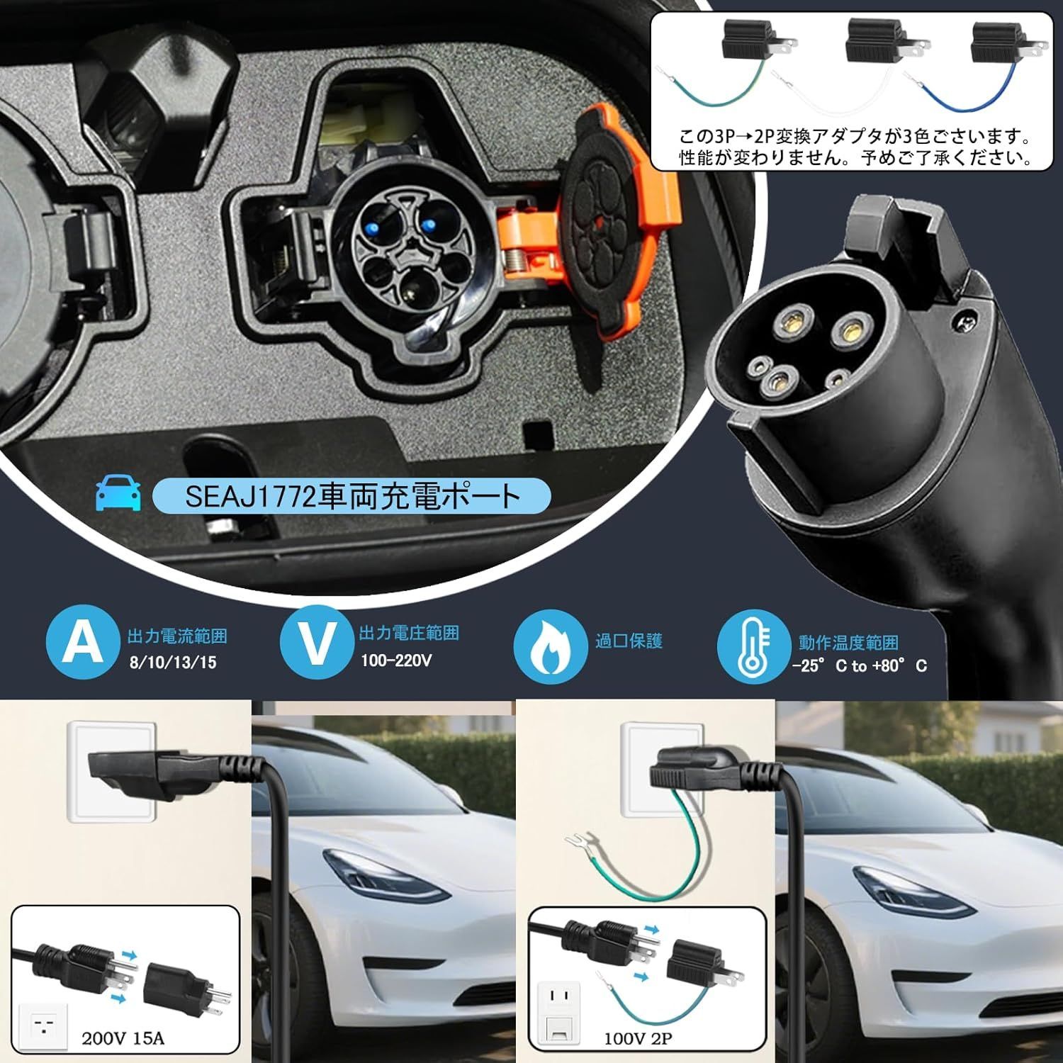 新型 家庭用 EV充電器 4 段階電流切替（15A/13A/10A/8A） 100V-240V
