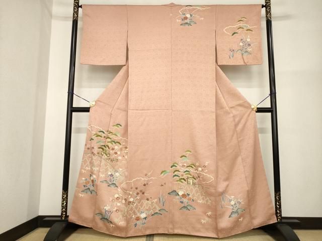 平和屋着物□訪問着 刺繍 風景花籬文 金通し地 正絹 逸品 AABG2611ck