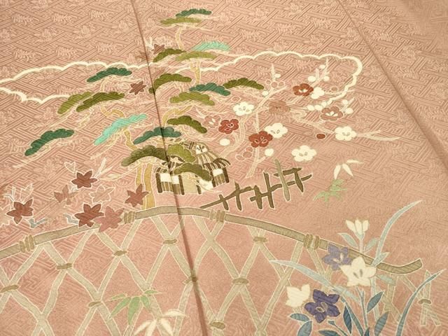 平和屋着物□訪問着 刺繍 風景花籬文 金通し地 正絹 逸品 AABG2611ck