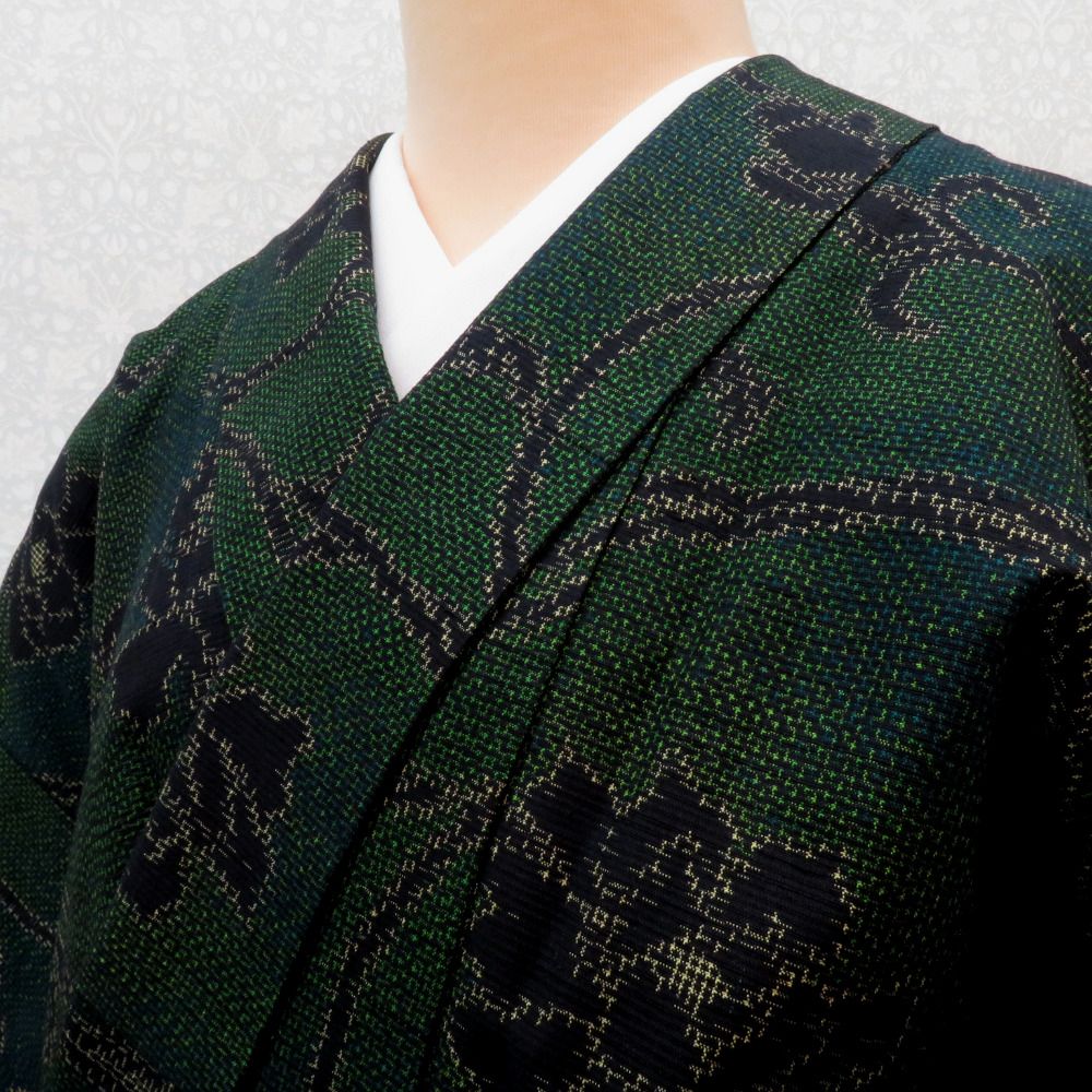 紬 着物 袷 グリーン系×ブラック 唐花 広衿 正絹 仕付け糸付き