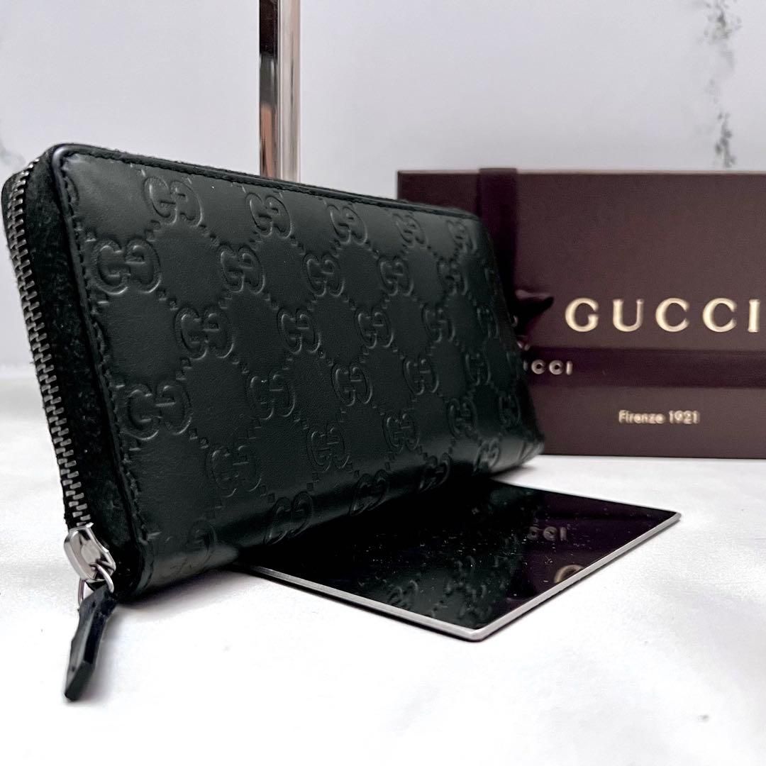 ◇箱付き極美品◇グッチ シマレザー ラウンドジップ長財布 ブラック