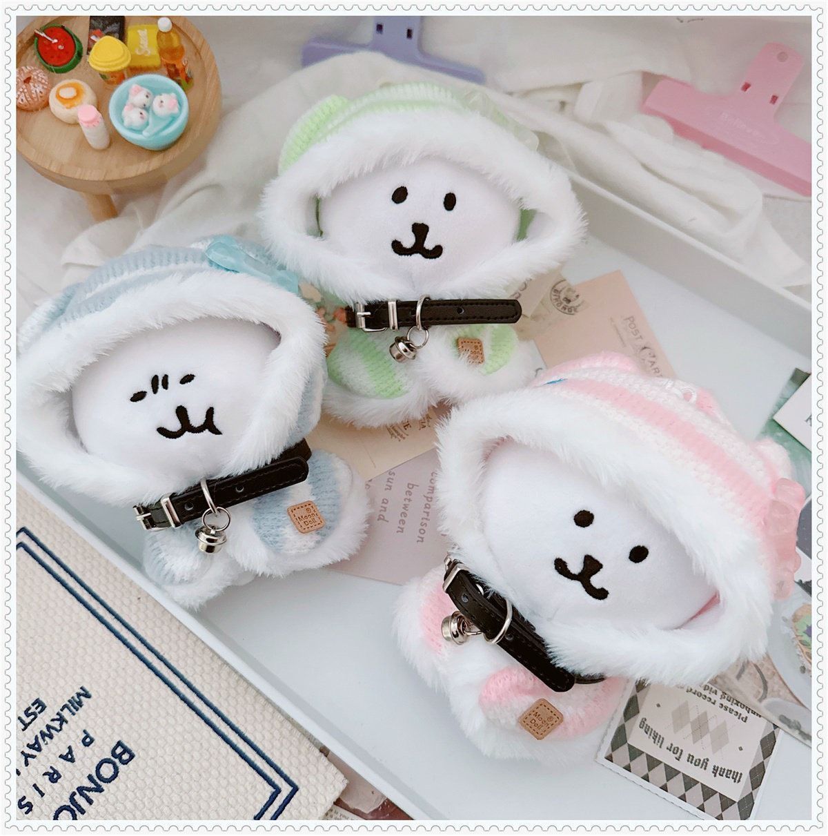 10cm ぬいぐるみ服 骨のワッペン付き 猫耳ボーダーポンチョ 3色 推し活