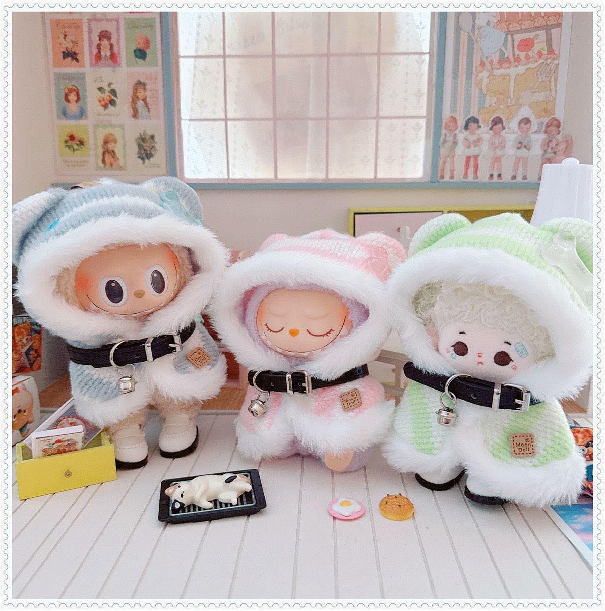 10cm ぬいぐるみ服 骨のワッペン付き 猫耳ボーダーポンチョ 3色 推し活