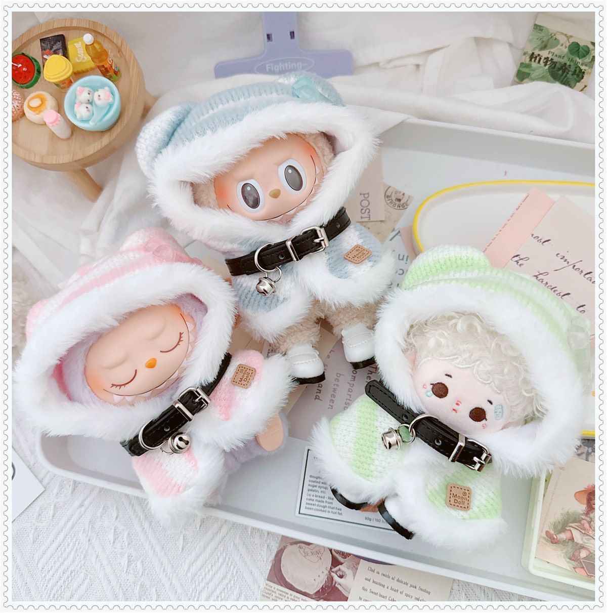 10cm ぬいぐるみ服 骨のワッペン付き 猫耳ボーダーポンチョ 3色 推し活