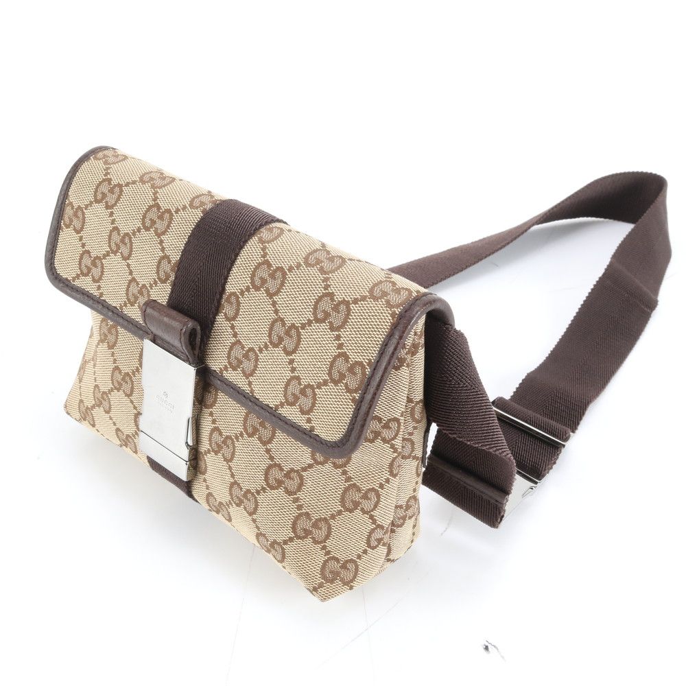 GUCCI ウエストポーチ GGキャンバス レザー ブラック 斜め掛け 【公式