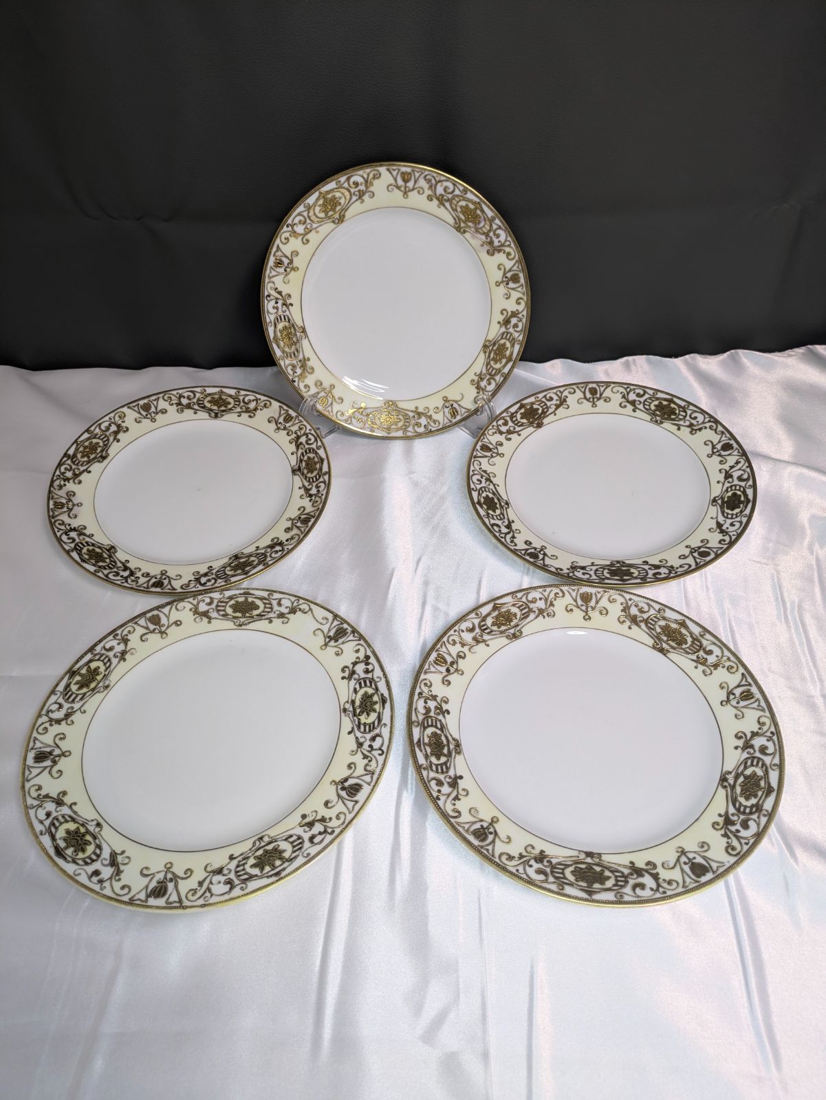 オールドノリタケ 金盛り アイボリー プレート 19 5 cm セット 1912年〜1921年頃 モリムラ印 意匠No 16034 アンティーク 磁器 大正期 中皿 デザート皿 金彩 盛り上げ Old Noritake