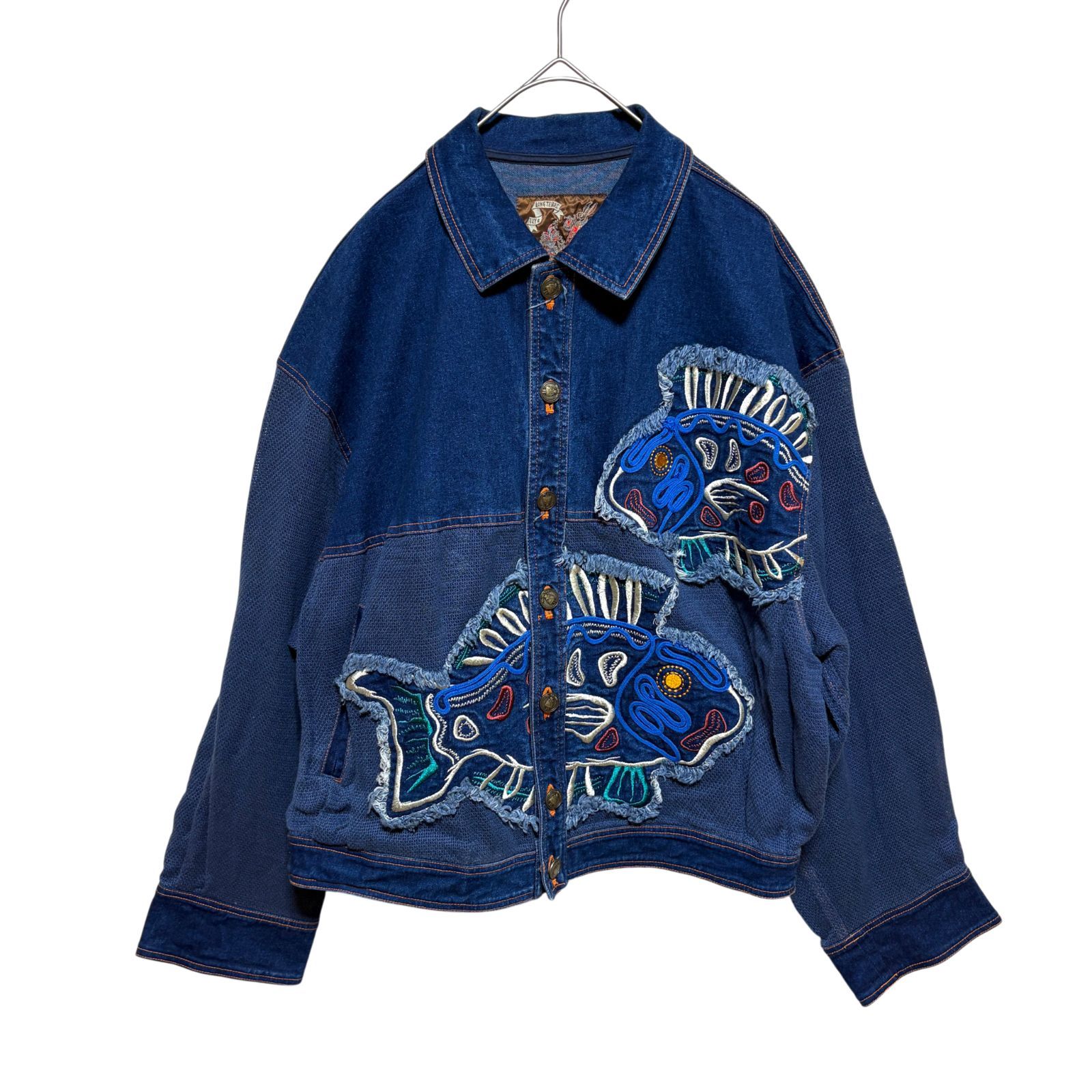 ILY a LONG TEMPS イリヤロンタン デニムジャケット　レトロ魚刺繍 ILY a LONG TEMPS イリヤロンタン デニムジャケット 刺繍 魚モチーフ